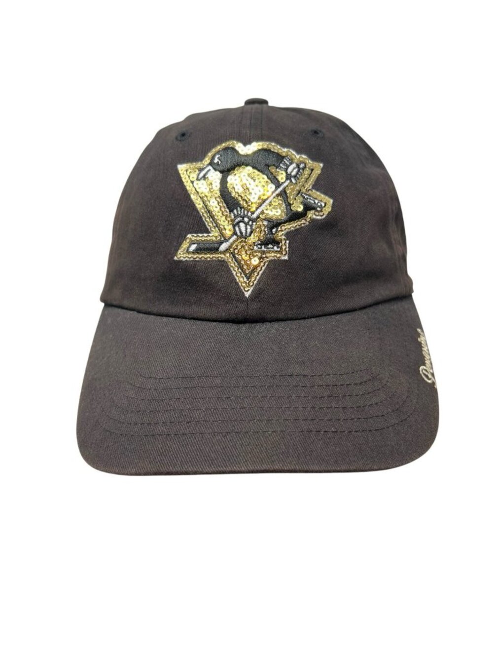 Pittsburgh Penguins Women's Strapback Hat Cap Gold Sequin Logo NHL Hockey